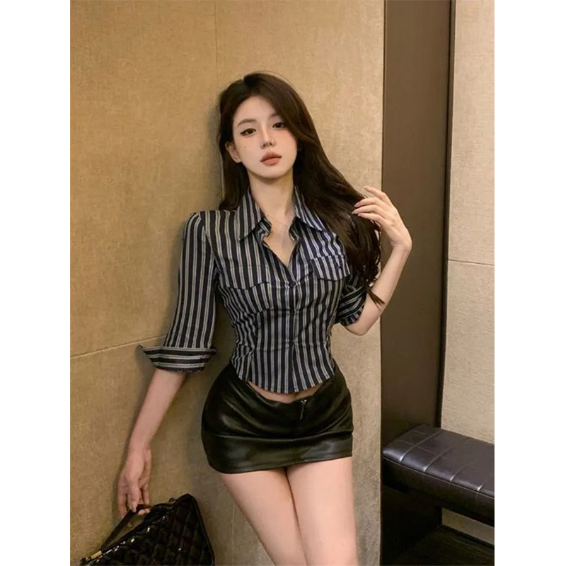 Street Fashion Korea - MEXZT Çizgili Gömlek Kadın Moda Seksi
