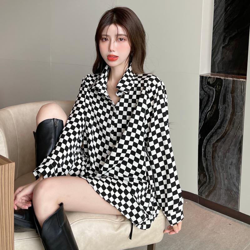Polo Yaka Ekose Düğme Gevşek Y - Street Fashion Korea incelemesi ve fiyatı